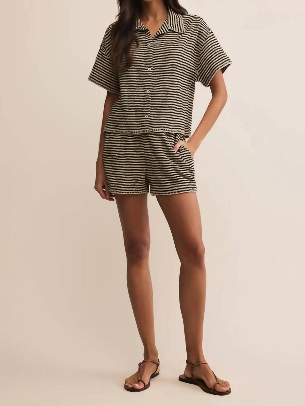 Z SUPPLY Monaco Crochet Button Up Black and Cream Striped Short-Sleeve Small - Picture 4 of 16